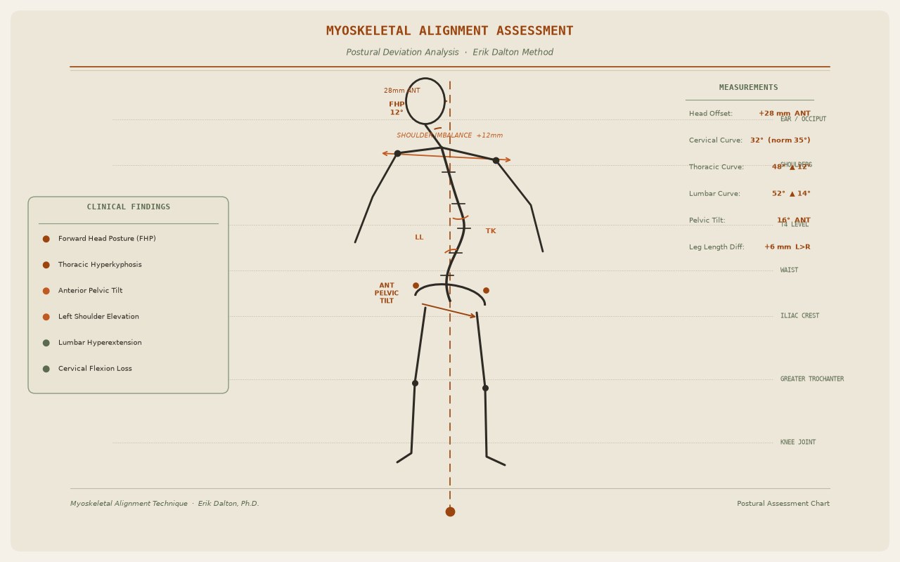 Myoskeletal postural alignment grid showing the body out of alignment