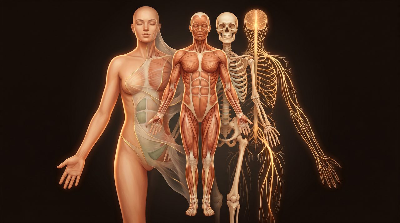 Layered anatomical art — skin, muscle, skeleton and the nervous system revealed across the body