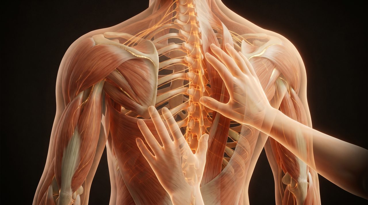 Anatomical art of myoskeletal alignment — hands realigning the spine with the paraspinal muscles and vertebrae revealed